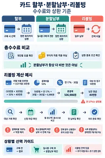 할부·분할납부·리볼빙의 수수료와 상환 방식, 계산 예시를 비교한 인포그래픽