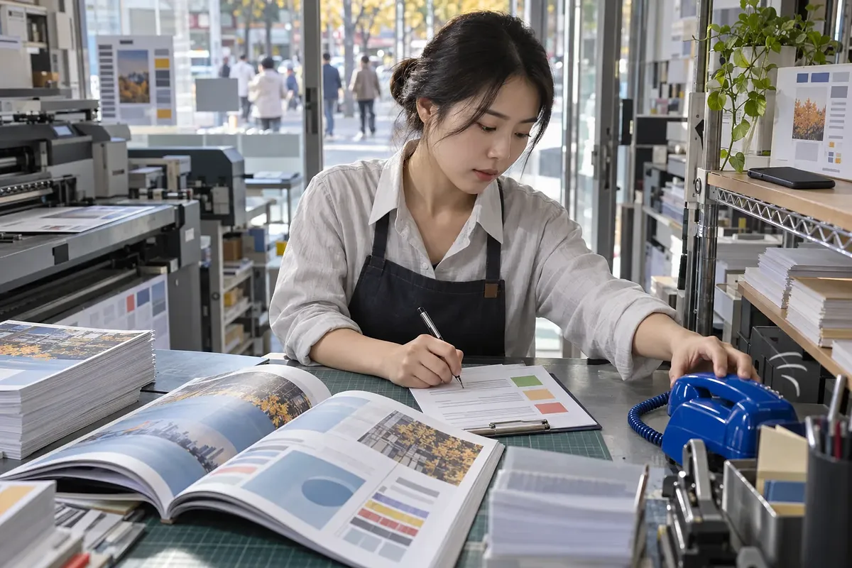 印刷店で冊子の校正刷りの横にメモを書き、青い有線電話に手を伸ばす女性