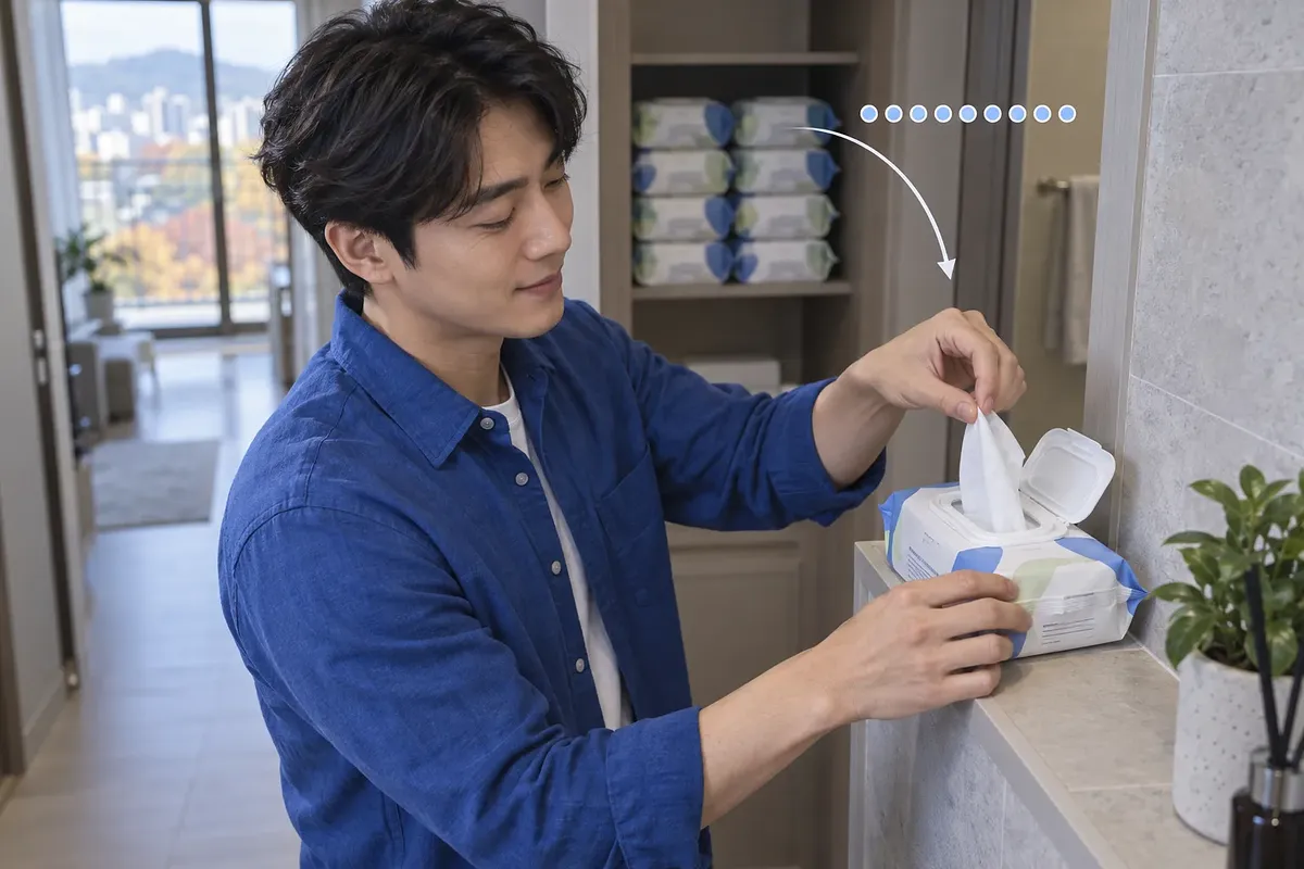 青いシャツの男性が、洗面所の棚に置いたキャップ式ビデ用ウェットティッシュを1枚取り出している。