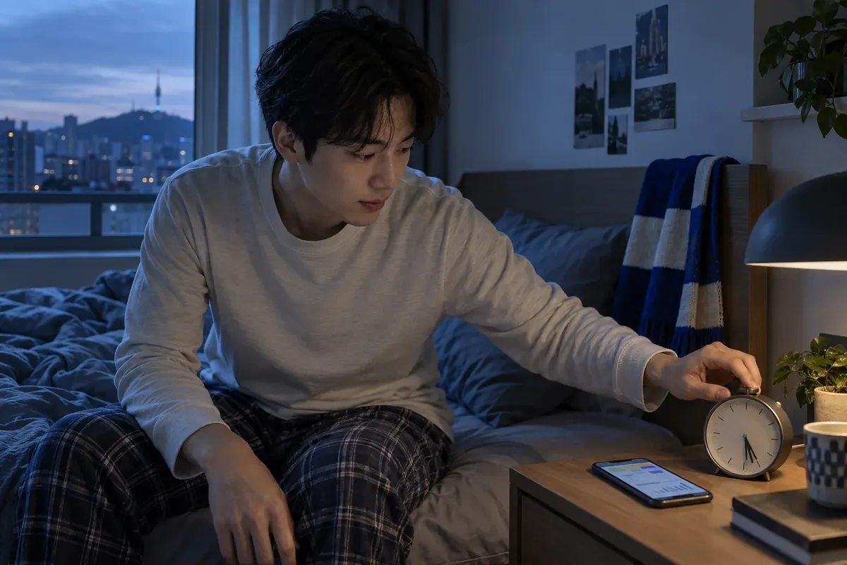 서울의 새벽녘, 침대에 앉은 남성이 휴대전화 옆 탁상시계를 맞추고 있다