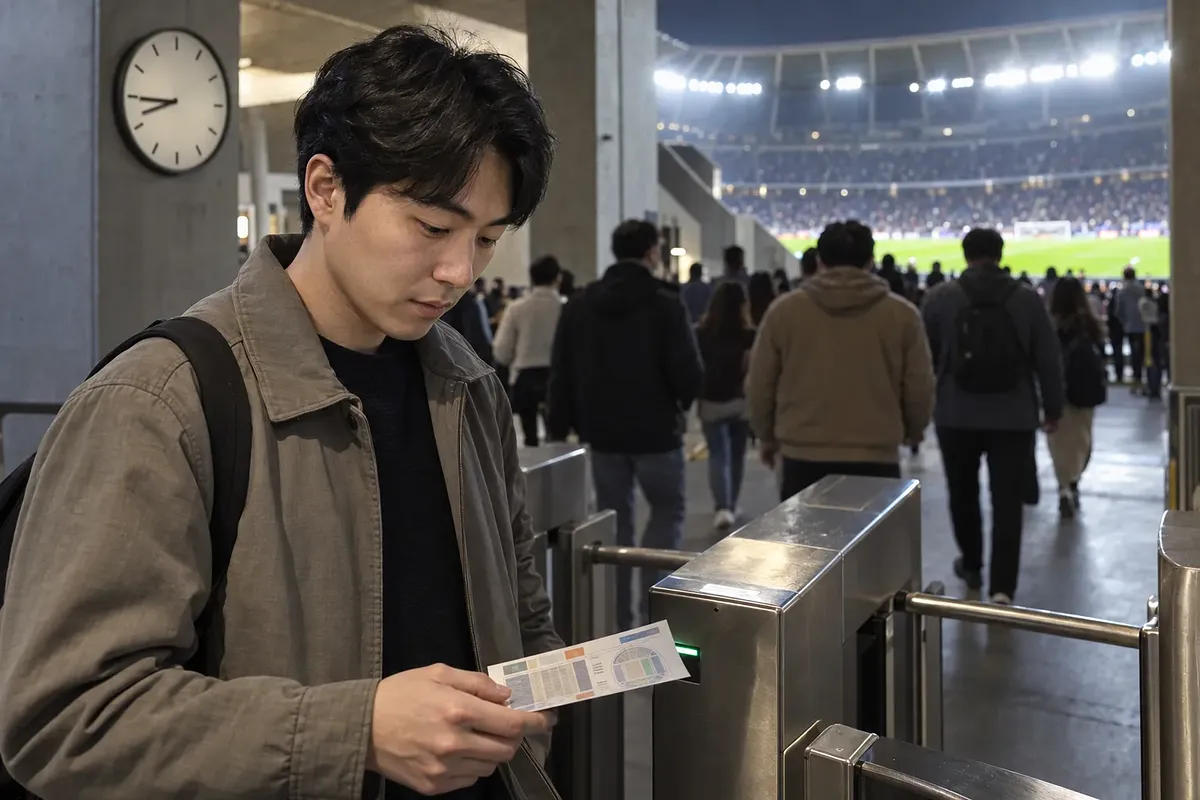 관중들이 경기장으로 입장하는 동안 개찰구에서 종이 티켓을 확인하는 남성