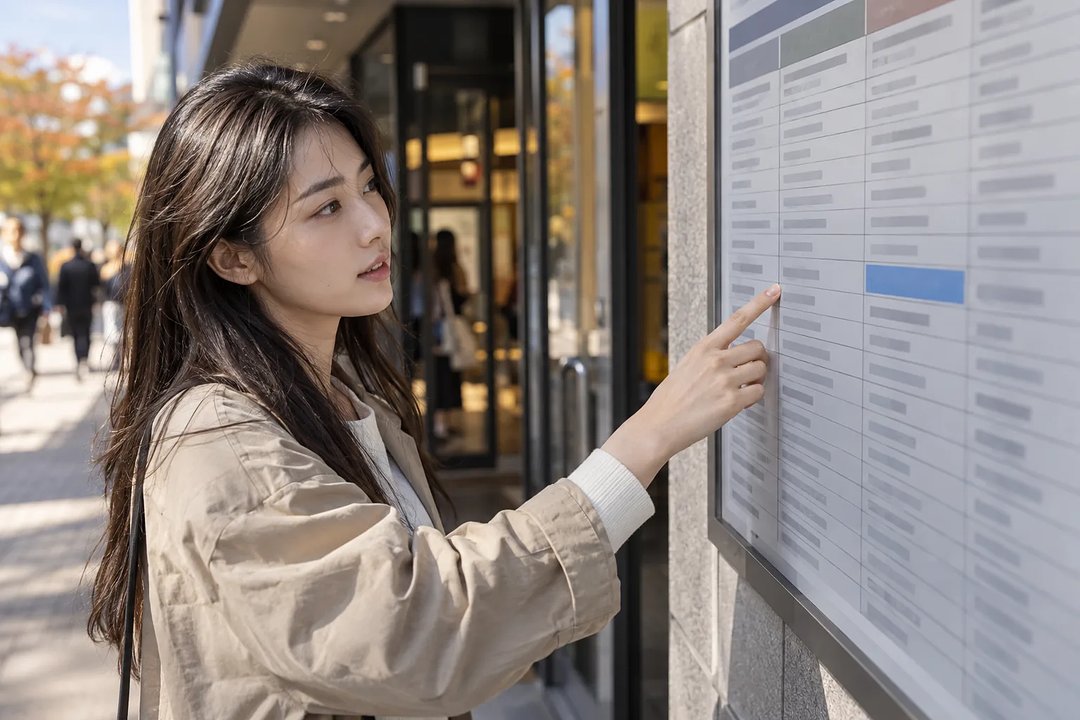 영화관 밖에서 밝은색 재킷을 입은 여성이 상영시간표의 한 줄을 가리키며 살펴본다.