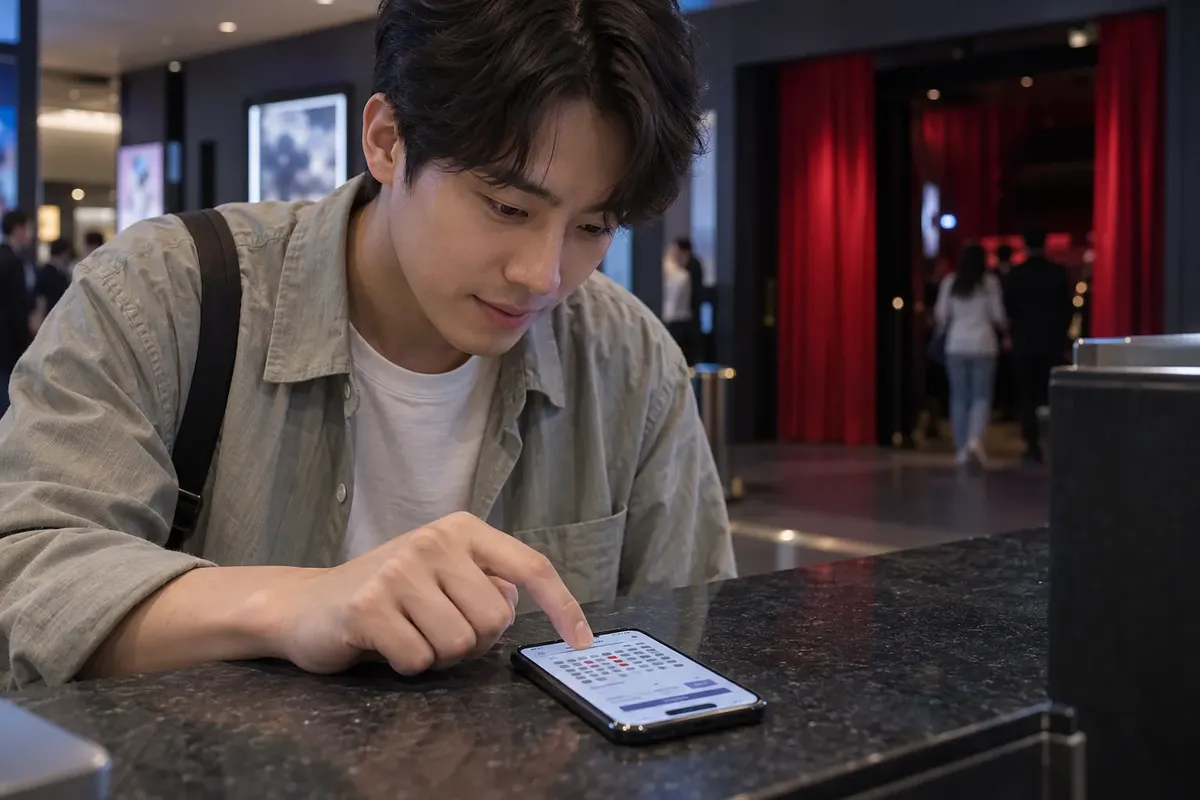 A man leans over a cinema lobby counter, his finger poised above a seat map on his phone.