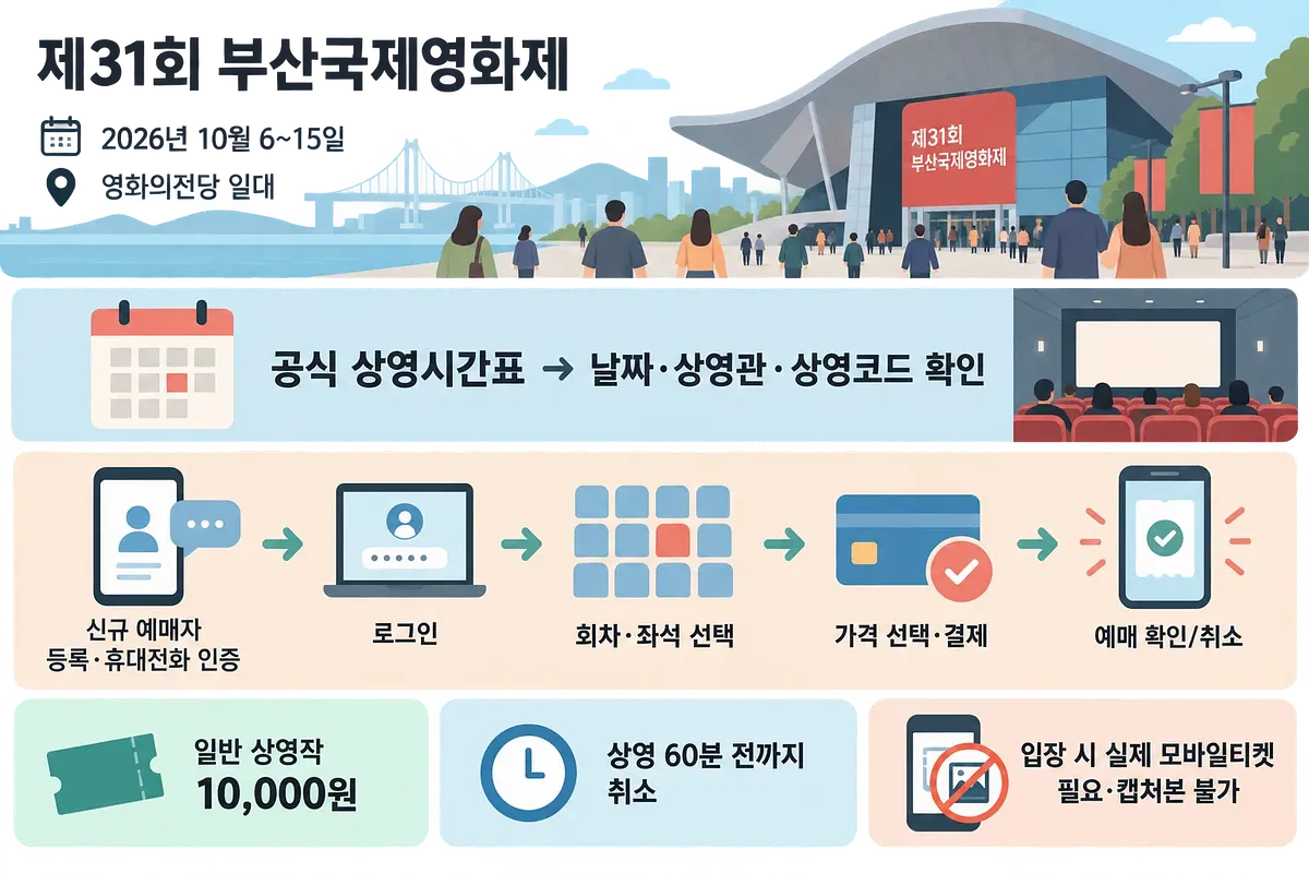 영화의전당 전경 아래 상영시간표 확인부터 모바일티켓까지의 예매 절차가 배열된 한국어 인포그래픽