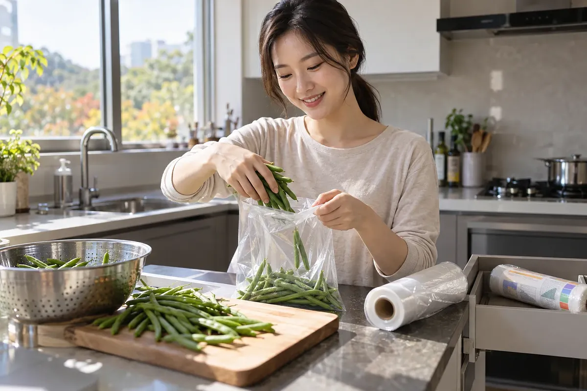 A smiling woman puts rinsed green beans into a clear bag in a kitchen, with a roll of bags on the counter.