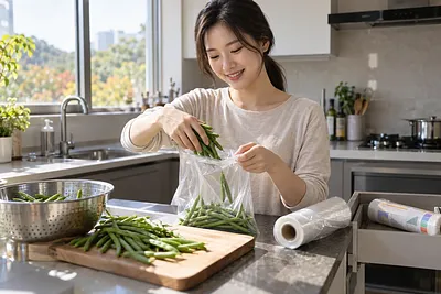 주방에서 웃으며 씻은 그린빈을 투명한 봉투에 담는 여성, 조리대 위에는 봉투 롤이 놓여 있다.