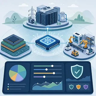AI chip linking a data center, substrate, robot factory, and investment dashboard