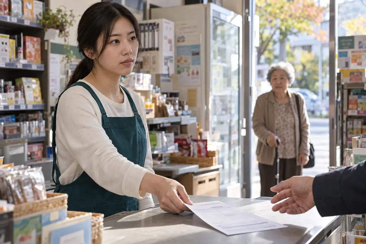 가게 직원이 카운터 너머로 서류를 건네고, 지팡이를 짚은 노인이 출입문 옆에 서 있다.