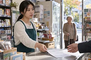 A shop employee hands a form across the counter while an elderly woman with a cane waits by the door.