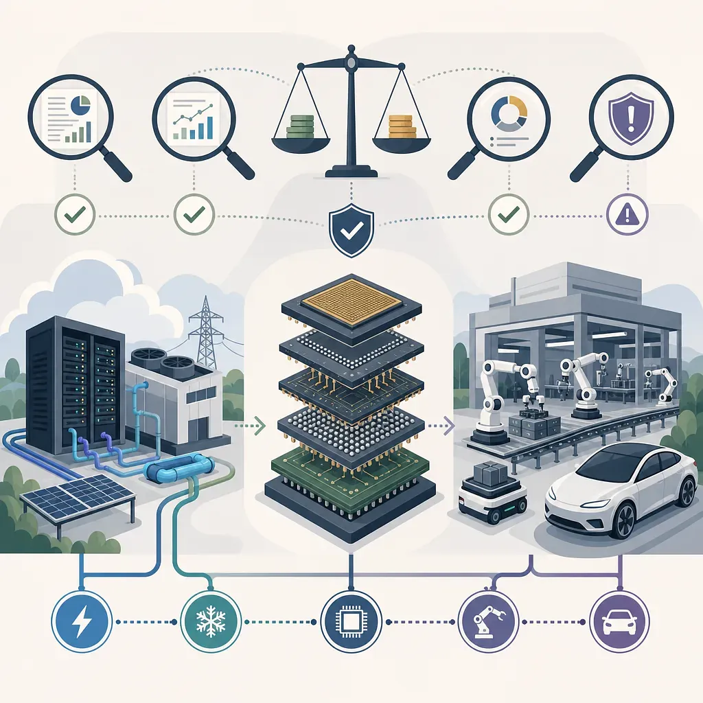 AI chip stack linking data centers, cooling, robotic manufacturing, electric vehicles, and risk metrics