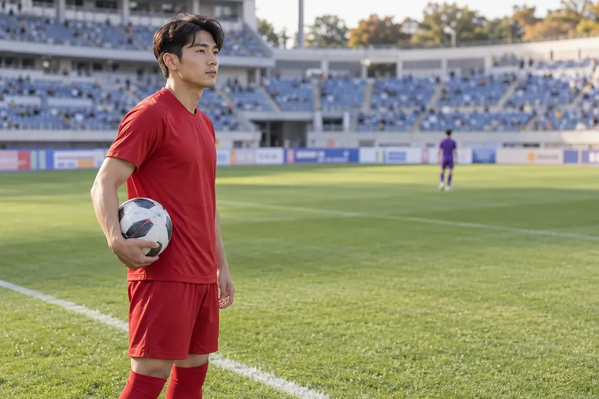 タッチライン際でボールを抱える赤いユニフォームの選手と、遠くに見える紫のユニフォームの選手