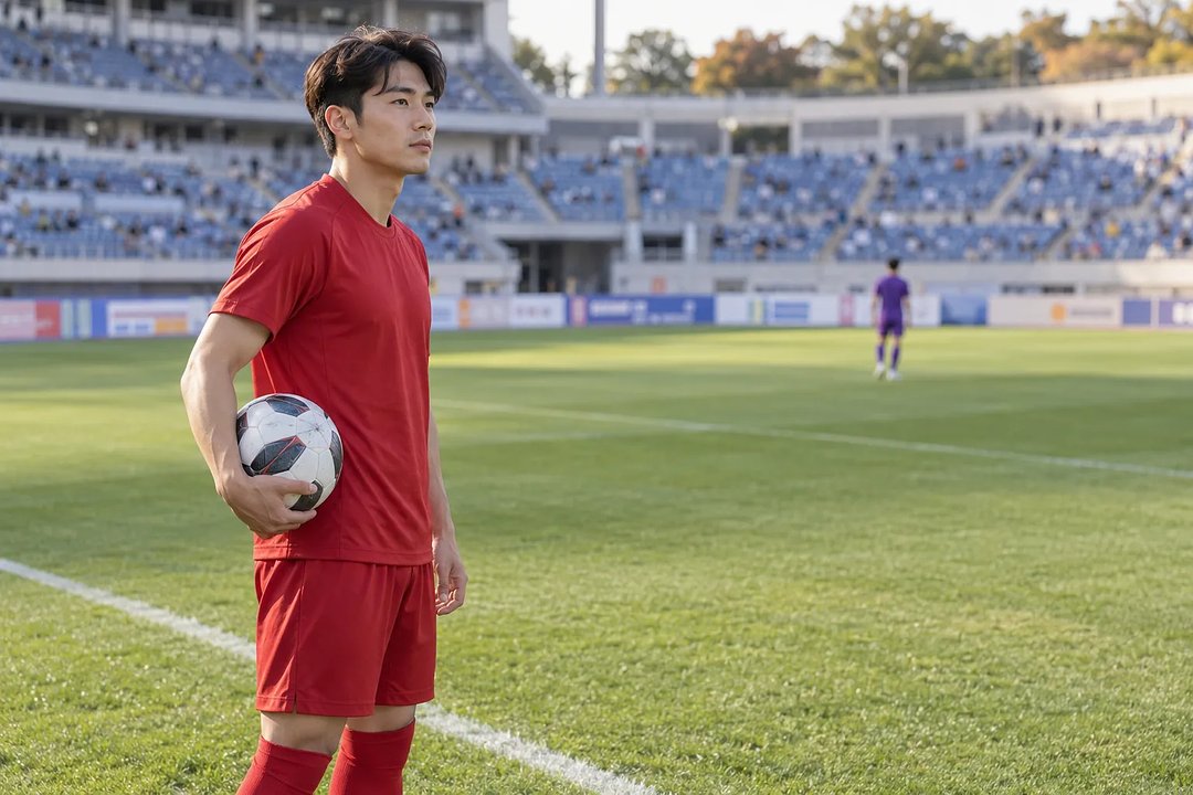 축구장 터치라인에서 공을 든 붉은 유니폼 선수와 멀리 보이는 보라색 유니폼 선수
