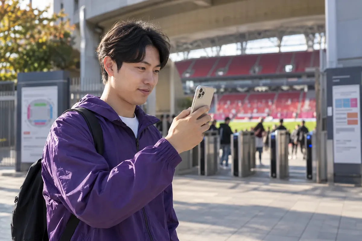 경기장 입구에서 보라색 재킷을 입은 관중이 휴대전화를 확인하고 있다.