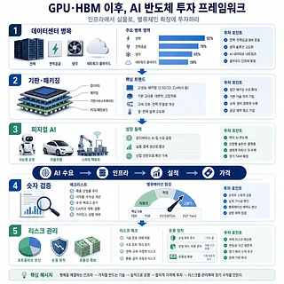AI 반도체 투자 프레임워크 인포그래픽: 데이터센터, 기판·패키징, 피지컬 AI, 검증과 리스크