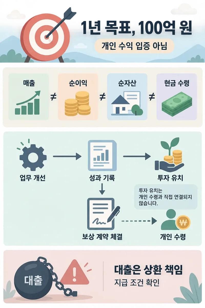 1년 목표 과녁, 매출·순이익·순자산·현금 수령의 구분, 성과에서 투자와 보상 계약으로 이어지는 흐름, 대출 경고를 담은 인포그래픽
