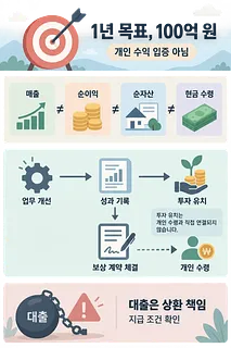 1년 목표 과녁, 매출·순이익·순자산·현금 수령의 구분, 성과에서 투자와 보상 계약으로 이어지는 흐름, 대출 경고를 담은 인포그래픽