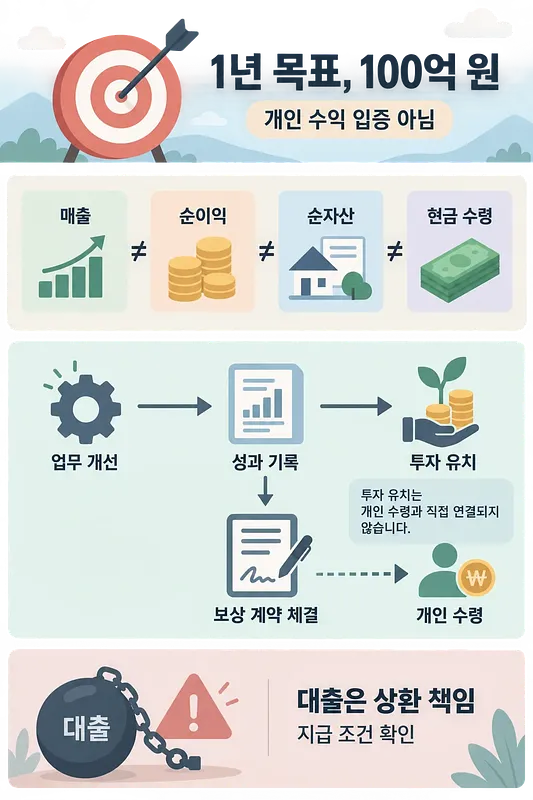 1년 목표 과녁, 매출·순이익·순자산·현금 수령의 구분, 성과에서 투자와 보상 계약으로 이어지는 흐름, 대출 경고를 담은 인포그래픽