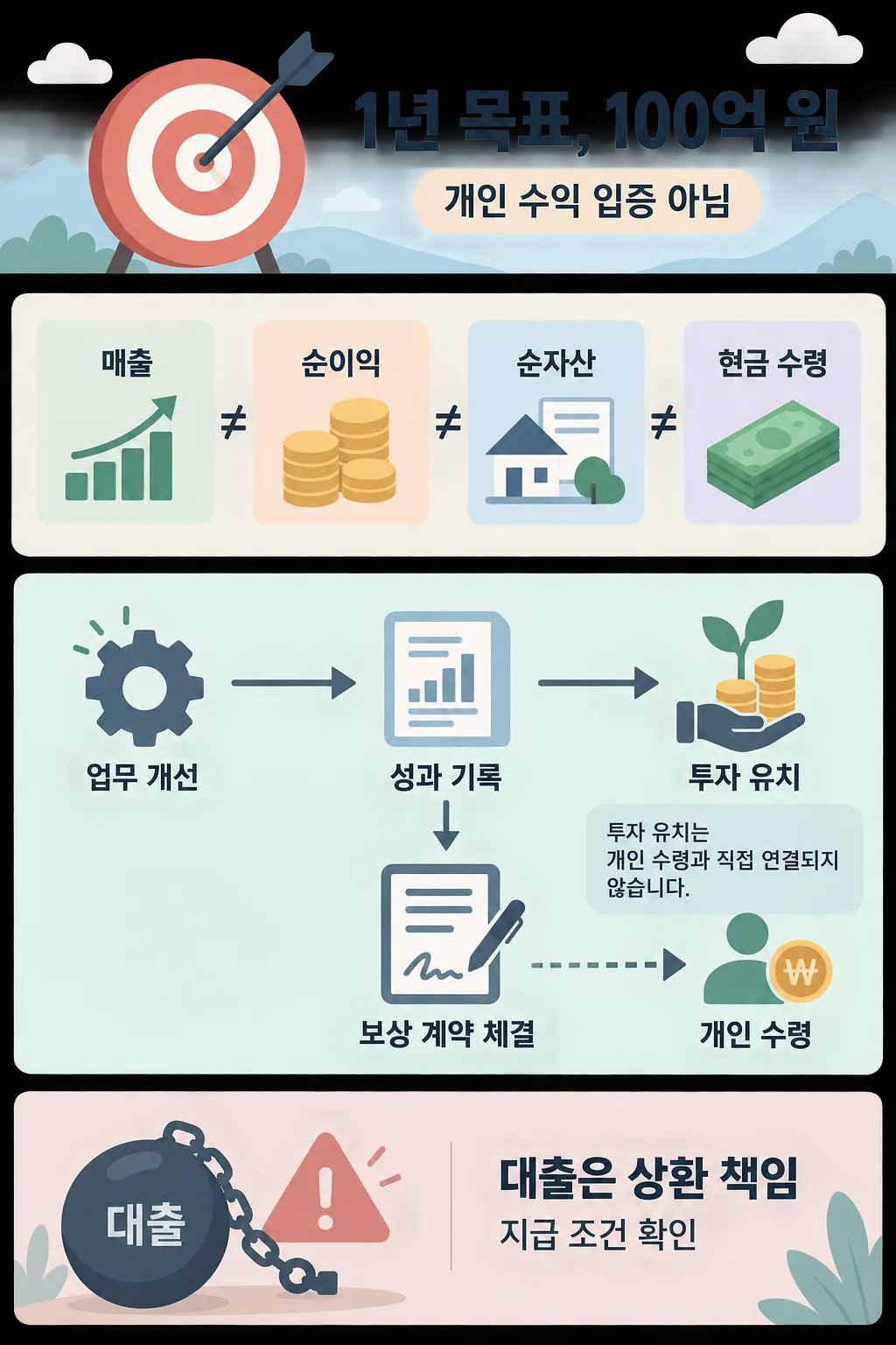 1년 목표 과녁, 매출·순이익·순자산·현금 수령의 구분, 성과에서 투자와 보상 계약으로 이어지는 흐름, 대출 경고를 담은 인포그래픽