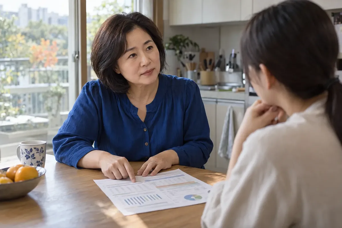 キッチンのテーブルで、中年の女性が支出計画を指しながら娘と話している。