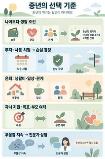 소득·건강·관계, 투자, 은퇴, 자녀 지원, 지속되는 우울감에 대한 선택 기준을 다섯 구역으로 정리한 한국어 인포그래픽