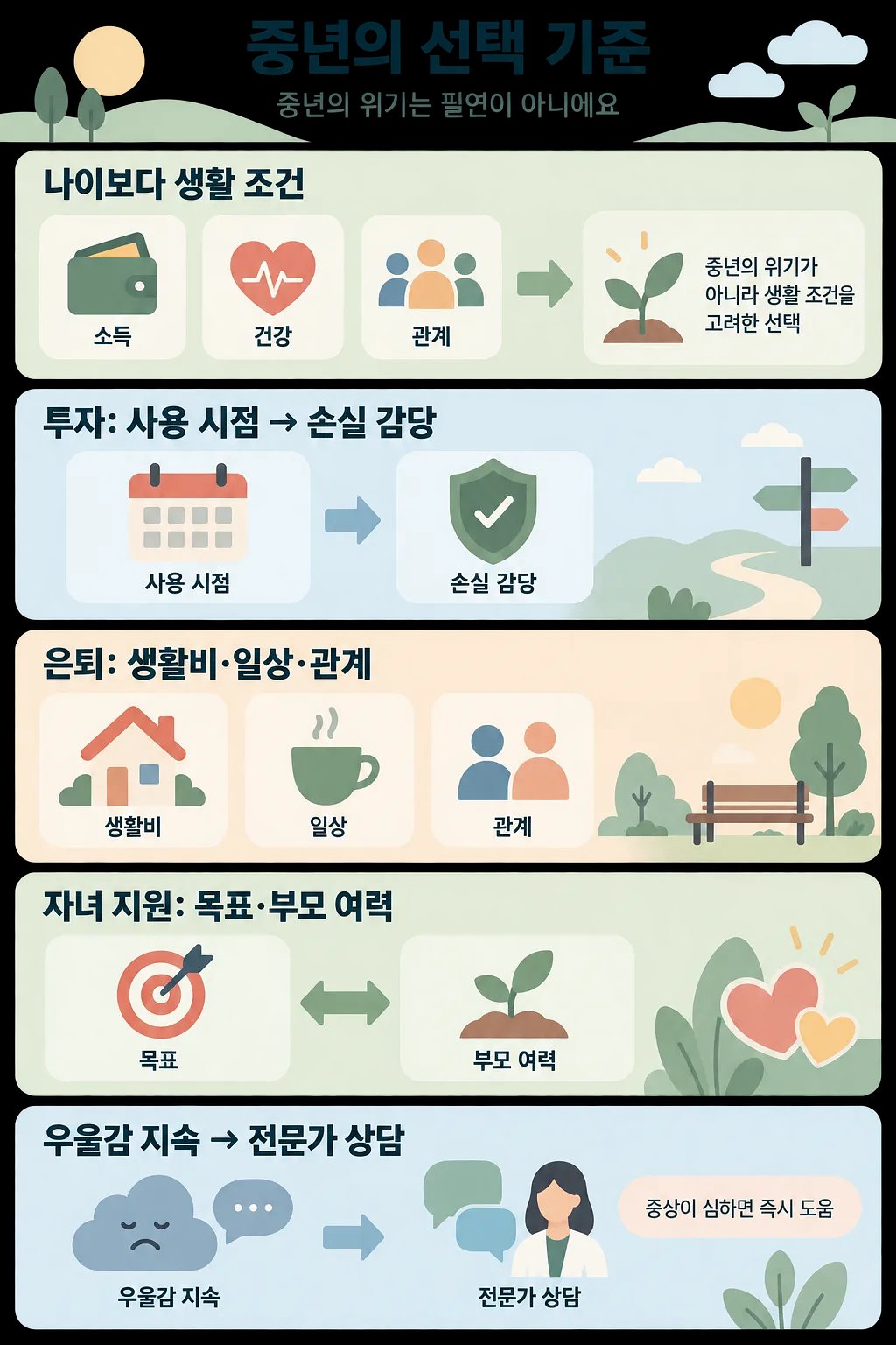 소득·건강·관계, 투자, 은퇴, 자녀 지원, 지속되는 우울감에 대한 선택 기준을 다섯 구역으로 정리한 한국어 인포그래픽