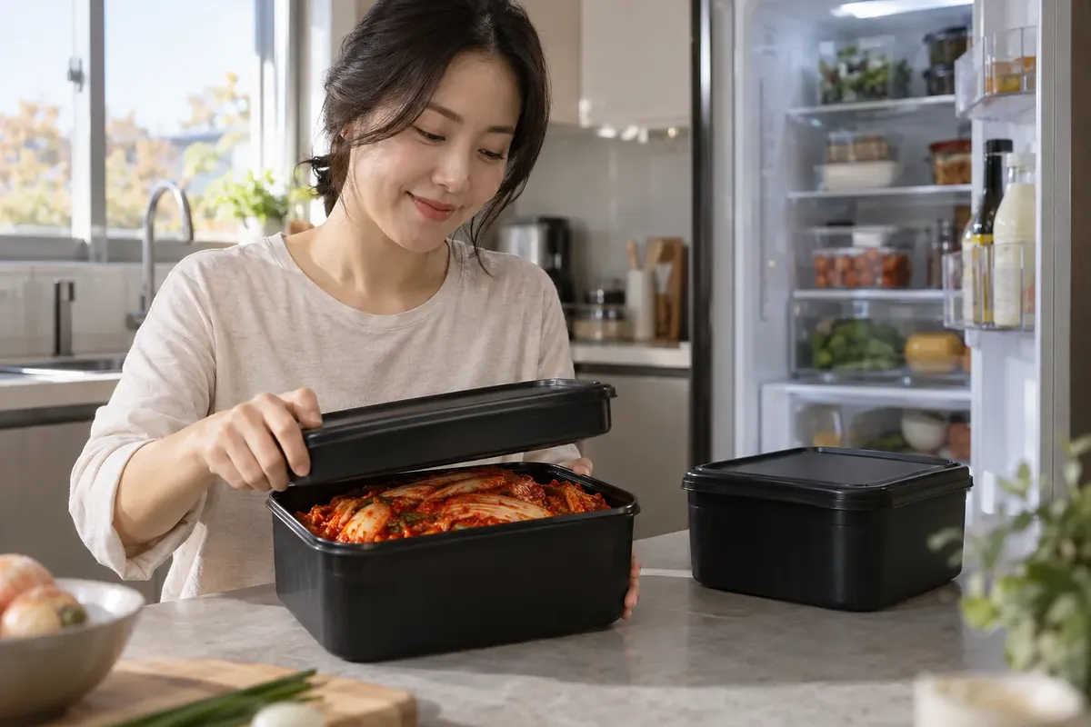A smiling woman lowers a lid onto a black kimchi container beside a sealed one and an open fridge.