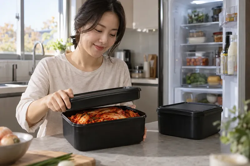 Una mujer sonriente tapa un recipiente negro con kimchi junto a otro cerrado y un refrigerador abierto.