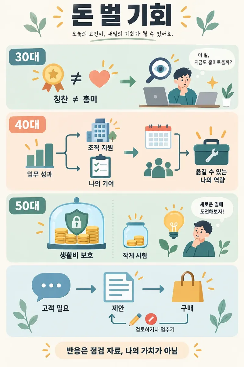 30대의 칭찬과 흥미, 40대의 조직 지원과 개인 기여, 50대의 생활비 보호와 작은 시험을 나눠 보여주는 인포그래픽