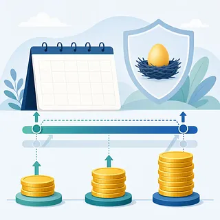 Calendar, shield with a nest egg, and rising stacks of coins
