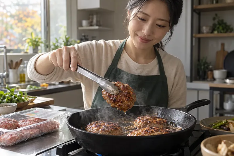 집 주방에서 여성이 집게로 노릇하게 구운 돼지고기 패티를 프라이팬 위로 들어 올리고 있다.