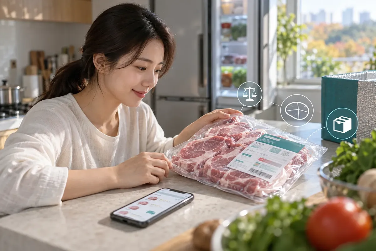 A woman examines a sealed pack of pork steaks beside an open insulated delivery box in a home kitchen.