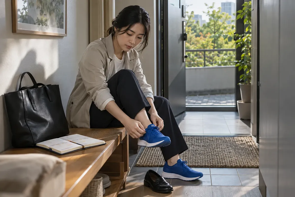 An office worker sits on an entryway bench tying a blue walking shoe, with a work bag set aside.