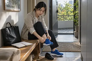 玄関のベンチに座った会社員が、仕事用のバッグを脇に置き、青い運動靴のひもを結んでいる。