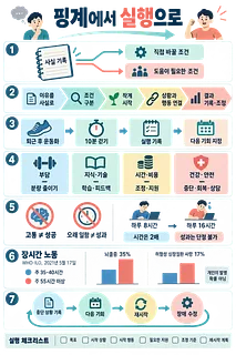 핑계에서 실행으로 옮기는 과정을 사실 기록, 작은 시작, 조건 조정, 재시작 순서로 정리한 한국어 인포그래픽.