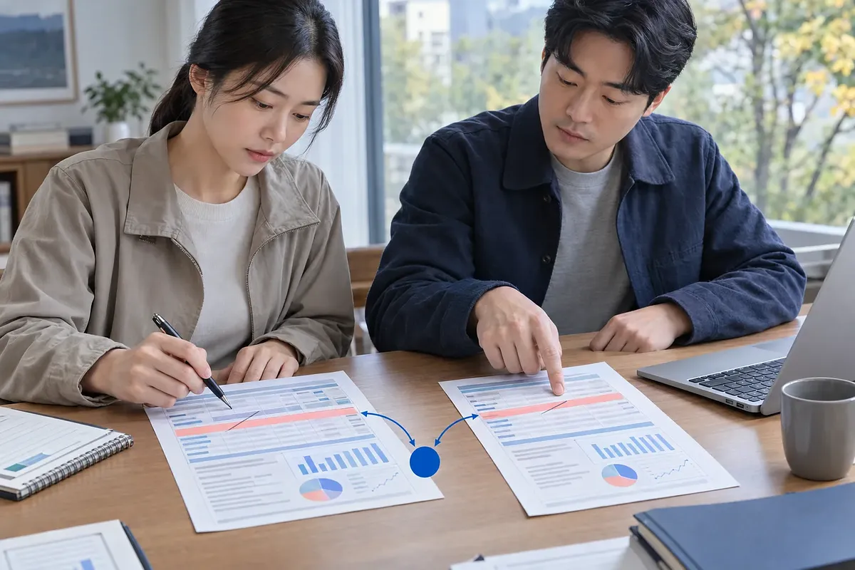 두 남매가 연말정산 서류를 비교하며 한 명은 펜으로 표시하고 다른 한 명은 서류를 가리킨다.