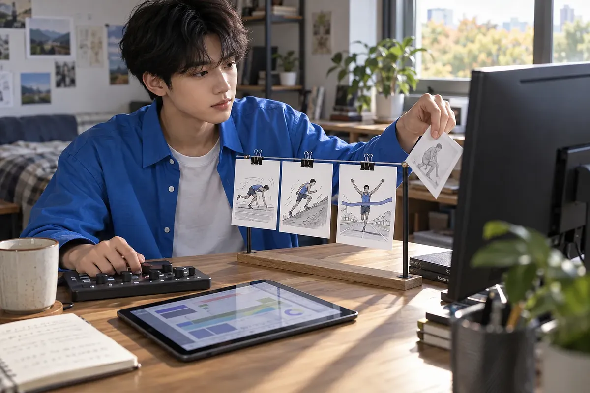 A young creator in a blue shirt holds a fourth storyboard card beside three clipped cards at a desk.