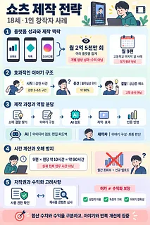 쇼츠 제작 전략을 플랫폼 성과, 이야기 구조, AI 활용, 시간 계산, 저작권으로 나눠 설명한 한국어 인포그래픽