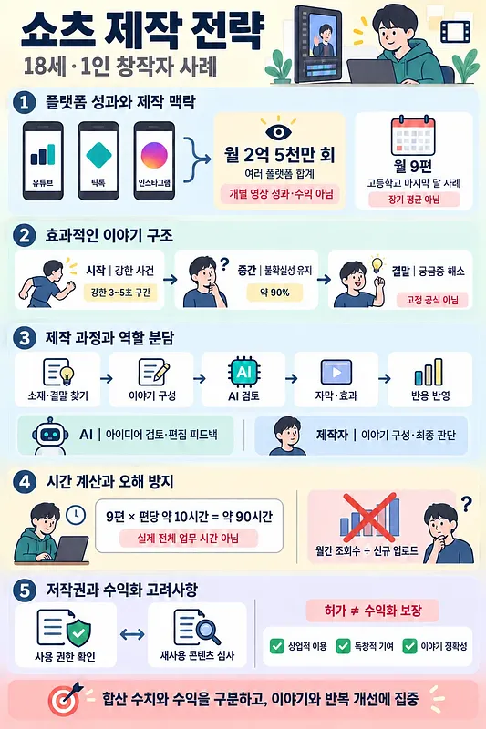 쇼츠 제작 전략을 플랫폼 성과, 이야기 구조, AI 활용, 시간 계산, 저작권으로 나눠 설명한 한국어 인포그래픽