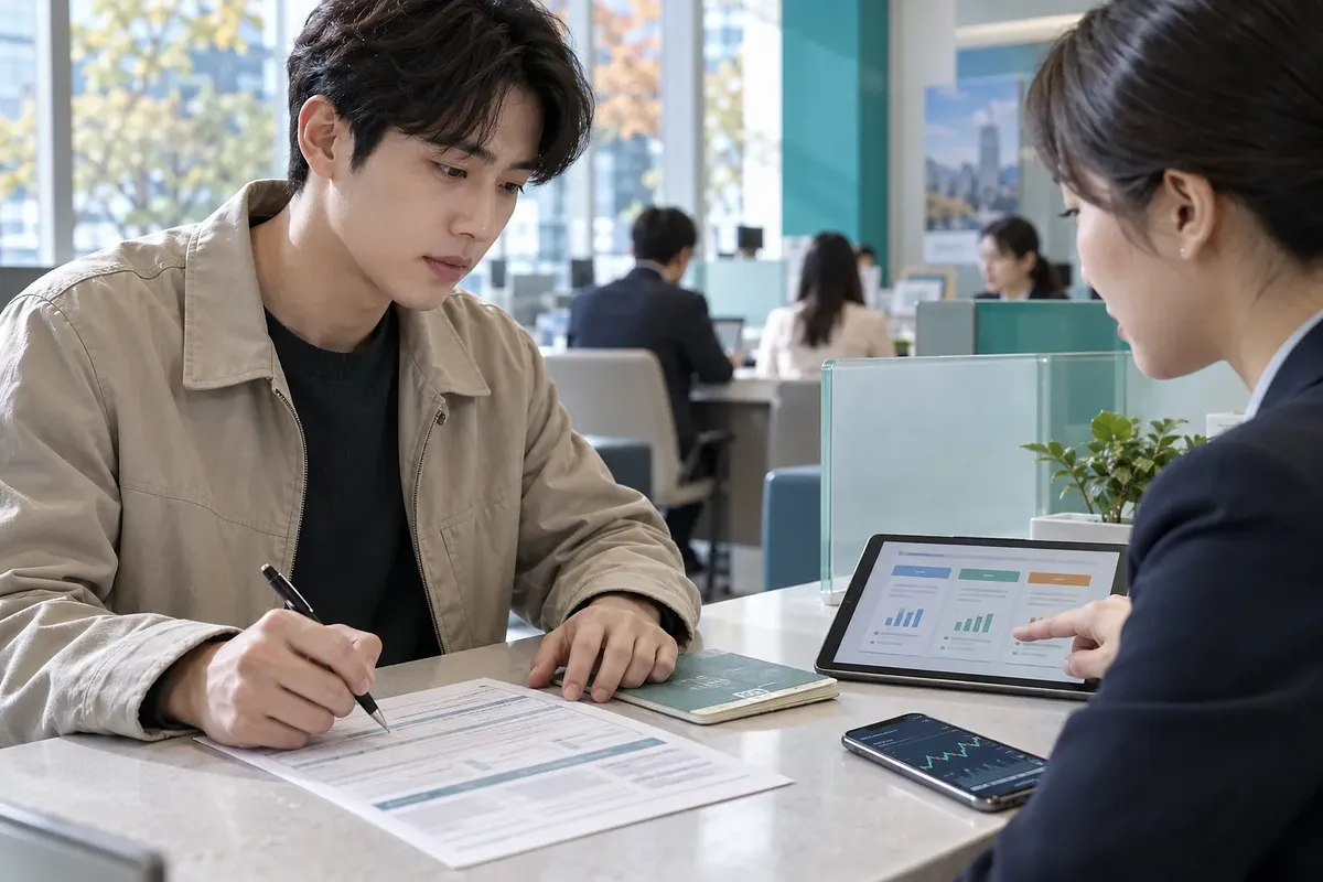 은행 창구에서 청년이 통장 옆 서류에 펜을 댄 채 직원의 설명을 듣고 있다.