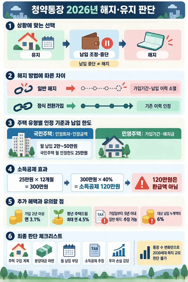 청약통장 유지·납입 조정·해지를 비교하고 청약 이력, 소득공제, 최종 판단 항목을 정리한 한국어 인포그래픽
