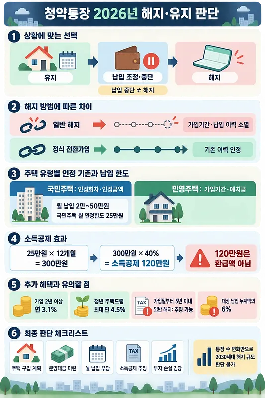 청약통장 유지·납입 조정·해지를 비교하고 청약 이력, 소득공제, 최종 판단 항목을 정리한 한국어 인포그래픽