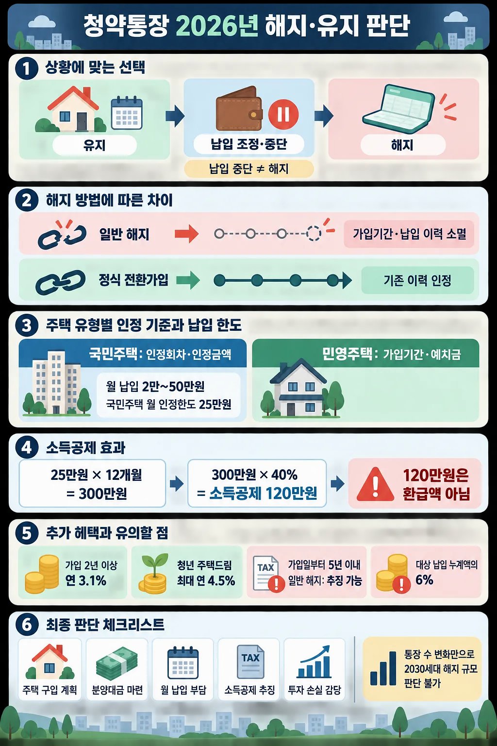 청약통장 유지·납입 조정·해지를 비교하고 청약 이력, 소득공제, 최종 판단 항목을 정리한 한국어 인포그래픽