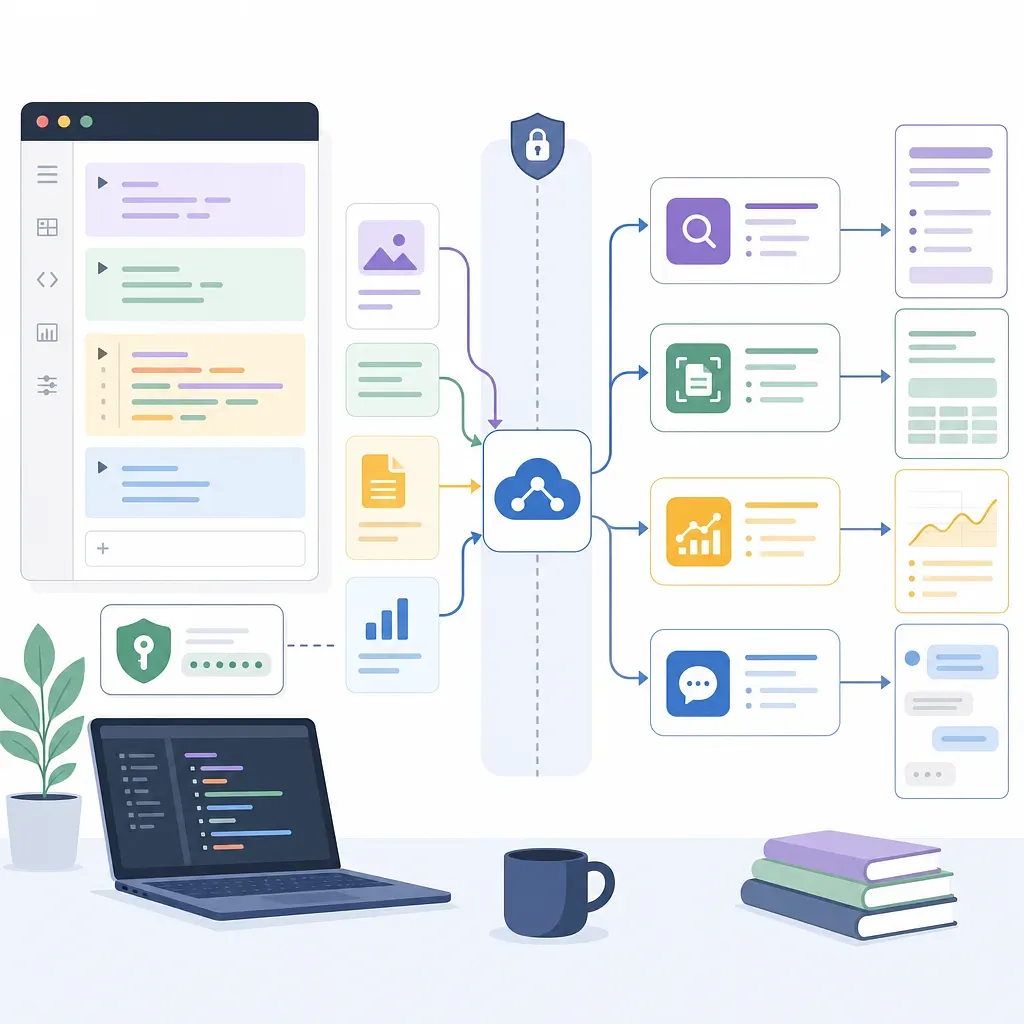Interfaz de código y tarjetas de datos conectadas a herramientas mediante una API en la nube