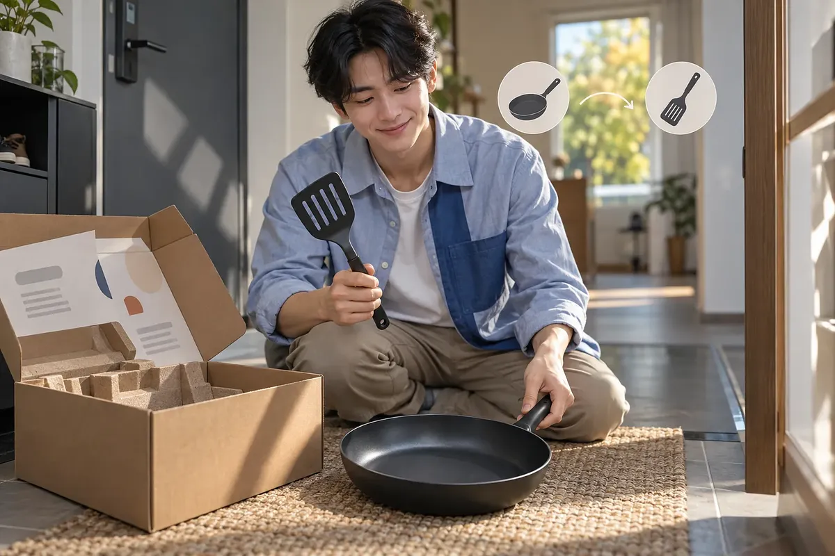 A man holds a spatula and examines a frying pan beside an open delivery box on an entryway mat