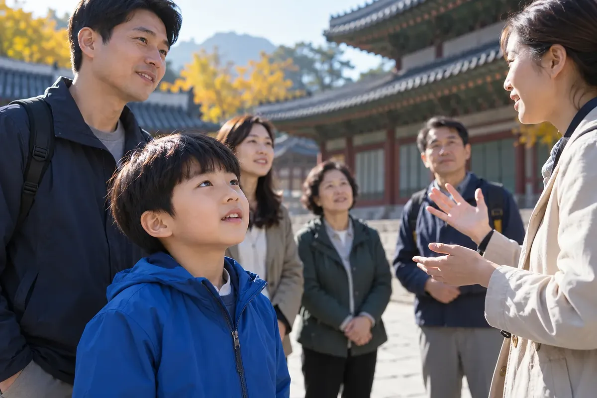 A child in a blue jacket looks up at a woman addressing a small group in a palace courtyard, with his father beside him.