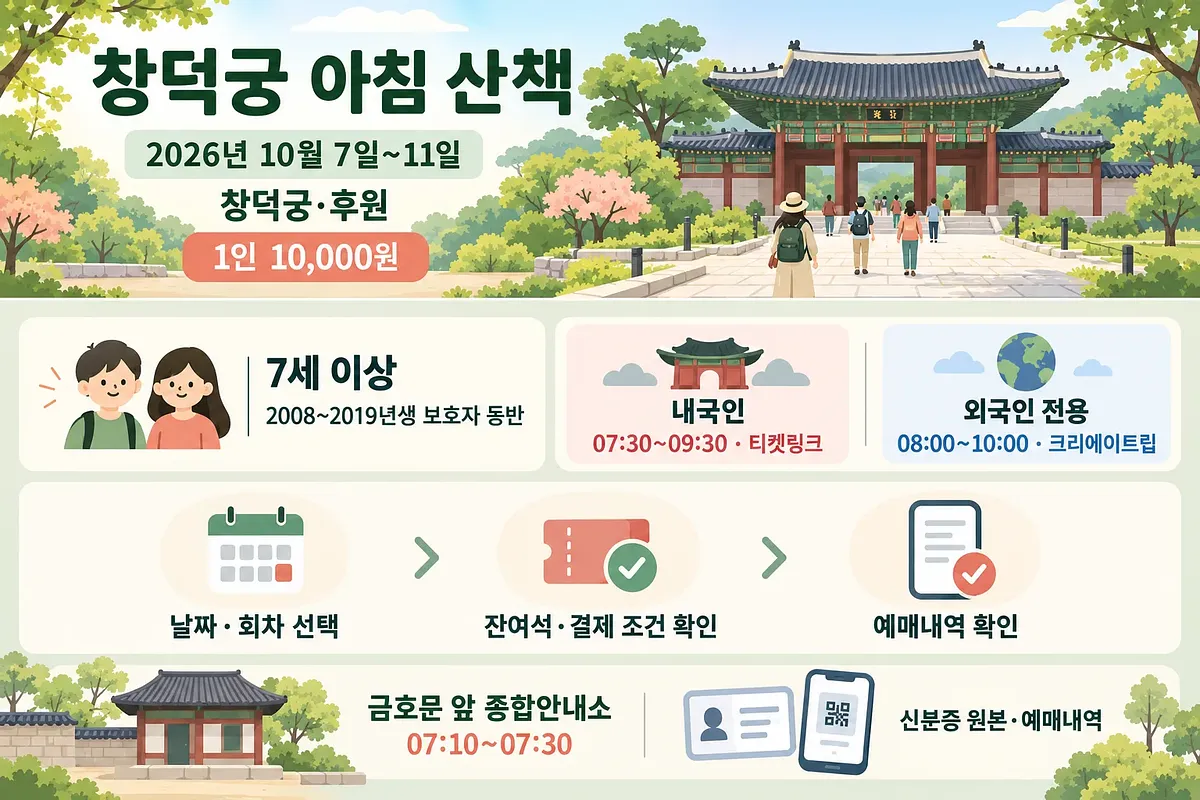 창덕궁 아침 산책의 일정과 참가 조건, 예매 절차와 현장 접수를 안내하는 그림