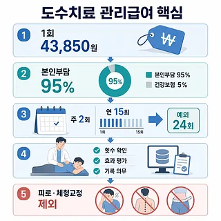 도수치료 관리급여 핵심을 1회 비용, 본인부담률, 연간 횟수, 제외 항목으로 정리한 인포그래픽
