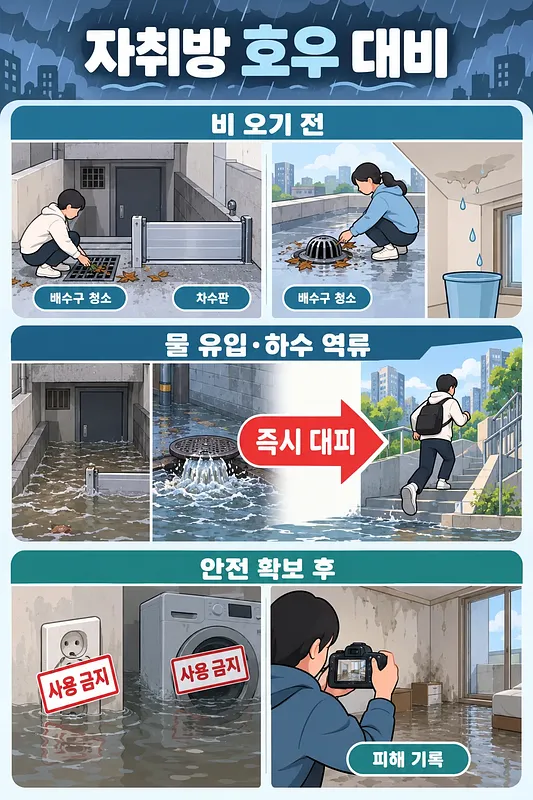배수구 청소와 물막이판 설치, 침수 시 대피, 침수 후 사용 금지와 피해 기록을 단계별로 보여주는 인포그래픽
