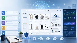AIネットワーク、商品検索画面、ポリシーカード、分析ダッシュボードを組み合わせたEC検索設計