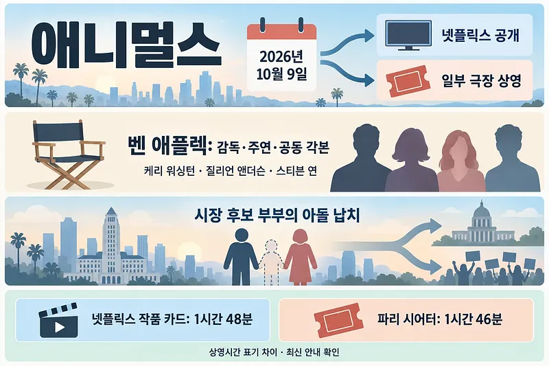 애니멀스의 공개일, 출연진, 아들 납치 줄거리와 서로 다른 상영시간을 정리한 인포그래픽